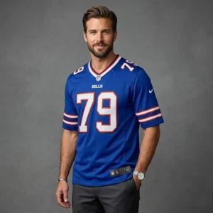 A stylish man wearing a blue Greg Rousseau number 15 Buffalo Bills jersey against a professional grey studio background.