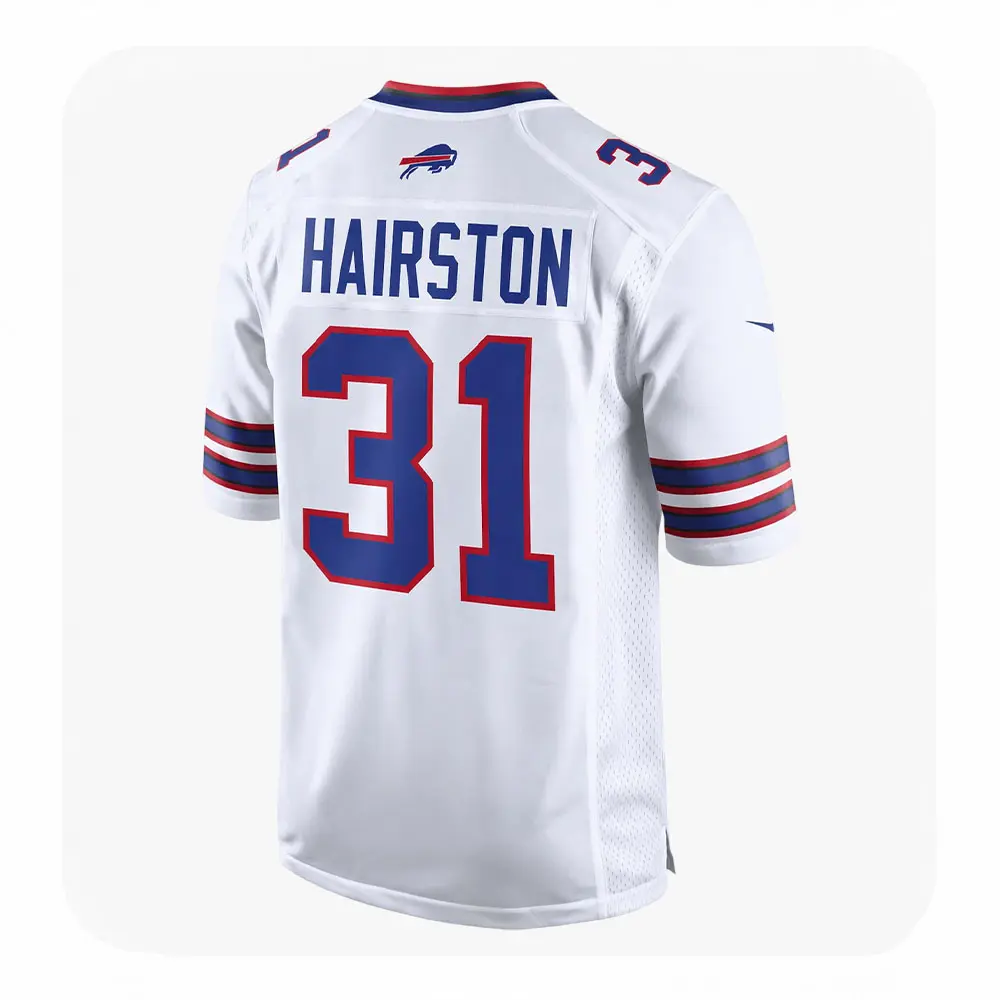 maxwell-hairston-31-white-jersey-back Back view of the Maxwell Hairston #31 Buffalo Bills jersey showing the name "HAIRSTON" and the team’s charging buffalo logo.