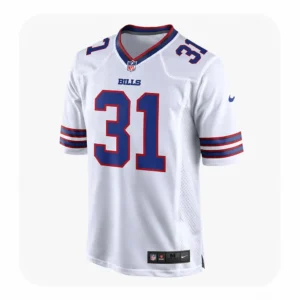Front view of the Maxwell Hairston #31 Buffalo Bills white away jersey featuring screen-printed numbers and the NFL shield.