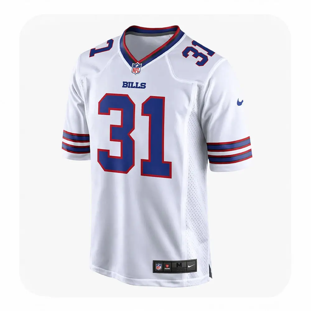 maxwell-hairston-31-white-jersey-front Front view of the Maxwell Hairston #31 Buffalo Bills white away jersey featuring screen-printed numbers and the NFL shield.