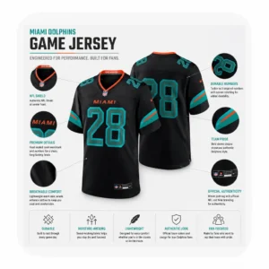 Technical infographic of the Miami Dolphins black jersey highlighting features like the breathable mesh panels, heat-sealed graphics, and durable tackle twill-inspired numbers.