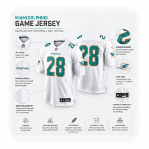 Infographic showing key features of a Miami white game jersey, including breathable mesh and durable numbers.