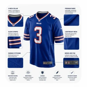 Infographic detailing the technical features of the Buffalo Bills jersey, including the V-neck collar, breathable mesh side panels, sleeve stripes, and woven jock tag.