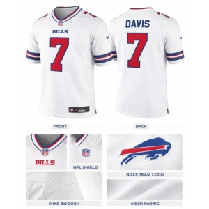 Close-up details of Ray Davis jersey: Nike swoosh, NFL shield, mesh fabric, and Bills team logo.