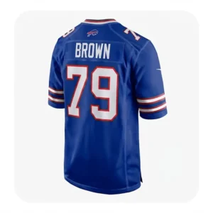 Back view of Spencer Brown Buffalo Bills jersey showing "BROWN" and number 79 in royal blue home colorway.