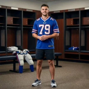 A fan wearing the Spencer Brown Buffalo Bills jersey in a locker room setting, showing the fit and style of the Nike Game edition.