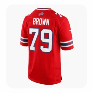 Back view of the Spencer Brown #79 Buffalo Bills jersey in red with white block lettering and team logo.