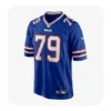 Front view of the official Spencer Brown Buffalo Bills Nike Royal Game Jersey featuring white number 79 with red border.