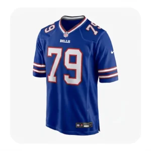 Front view of the official Spencer Brown Buffalo Bills Nike Royal Game Jersey featuring white number 79 with red border.