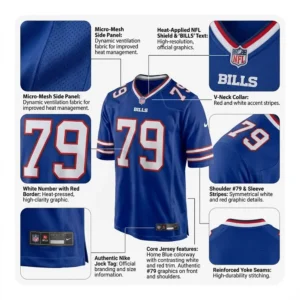 Infographic showing features of Spencer Brown jersey including micro-mesh side panels, heat-applied NFL shield, and reinforced yoke seams.