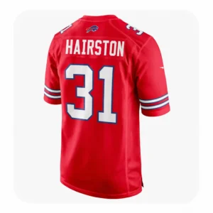 Back view of a red Buffalo Bills jersey with "HAIRSTON" and number 31 printed in bold white block lettering, including the team logo on the nape.