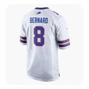 Back view of the white Buffalo Bills jersey showing "BERNARD" and the number 8 with the Bills logo on the neck.
