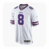 Front view of the white Buffalo Bills away game jersey featuring Terrel Bernard's number 8 in blue and red.
