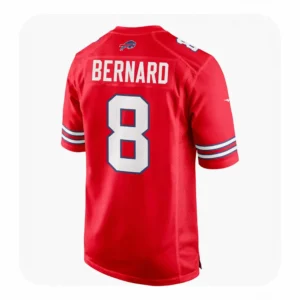 Back view of a red Buffalo Bills jersey with "BERNARD" and number 8 displayed in white block lettering.