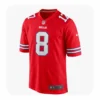 Front view of a red Buffalo Bills game jersey featuring Terrel Bernard's number 8 in white with a blue border.