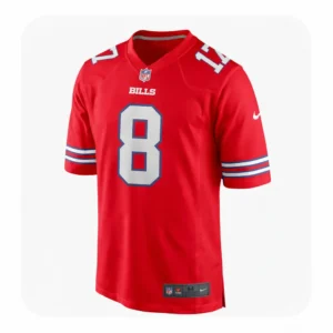 Front view of a red Buffalo Bills game jersey featuring Terrel Bernard's number 8 in white with a blue border.