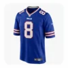 Front view of a royal blue Buffalo Bills game jersey featuring the number 8 in white with red trim and the NFL shield at the collar.