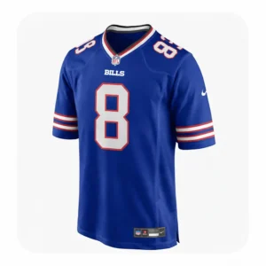 Front view of a royal blue Buffalo Bills game jersey featuring the number 8 in white with red trim and the NFL shield at the collar.