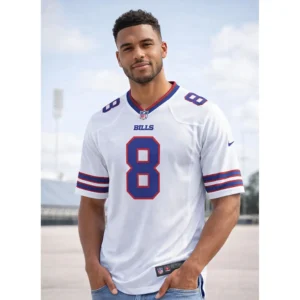 A male model wearing a white Terrel Bernard Buffalo Bills game jersey with the number 8, posing outdoors at a stadium.