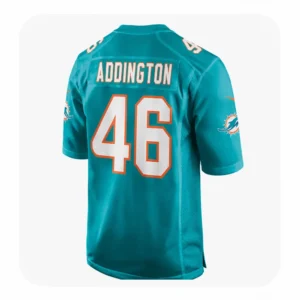 Rear view of the Tucker Addington Miami Dolphins jersey showing "ADDINGTON" and number 46 in block lettering.