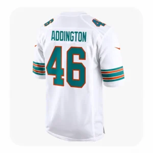 Back view of the white Tucker Addington Miami Dolphins jersey showing the name "ADDINGTON" and number 46.