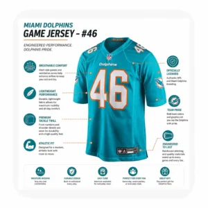 Infographic showing the features of the Tucker Addington Dolphins jersey including breathable mesh and athletic fit.