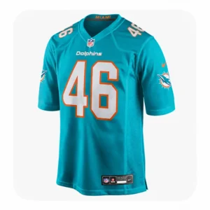 Front view of the Nike Tucker Addington Miami Dolphins Aqua Game Jersey featuring white and orange numbers.