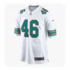 Front view of a white Miami Dolphins jersey featuring Tucker Addington's number 46 in teal and orange.