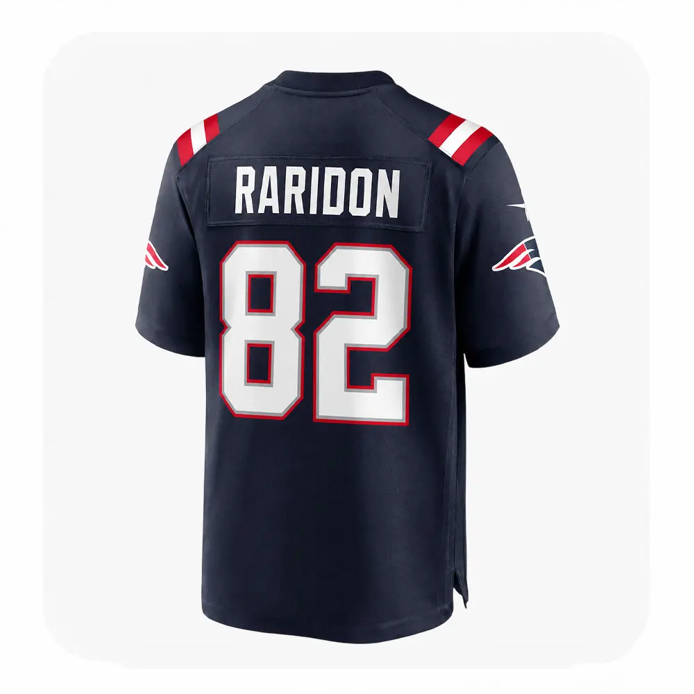 Back View Eli Raridon Patriots Team #82 Navy Game Jersey Back View Eli Raridon Patriots Team 82 Navy Game Jersey