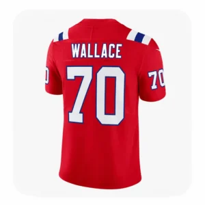 Back View For Caedan Wallace Red 70 Patriots Game Jersey