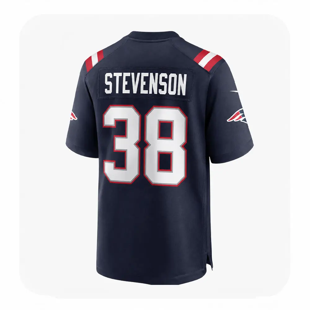Back View For Men's Rhamondre Stevenson Navy New England Patriots Game Jersey Back View For Mens Rhamondre Stevenson Navy New England Patriots Game Jersey