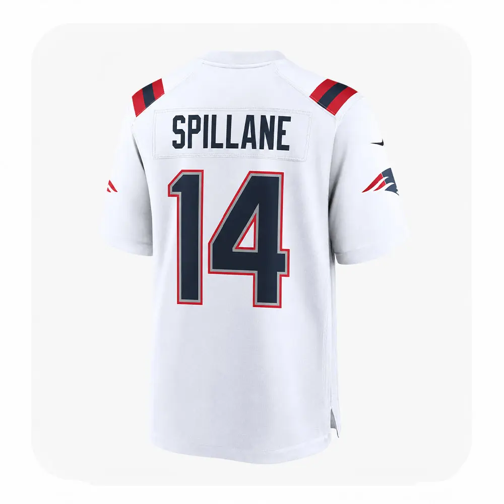 Back View For Robert Spillane White Patriots Team Jersey Back View For Rhamondre Stevenson White Patriots Team Jersey
