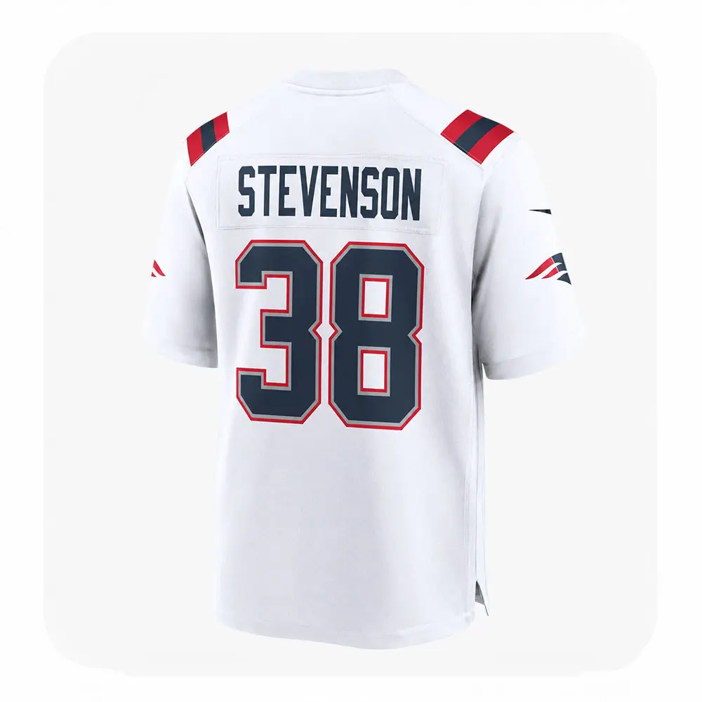 Back View Men's Rhamondre Stevenson White Patriots Game Jersey Back View Mens Rhamondre Stevenson White Patriots Game Jersey