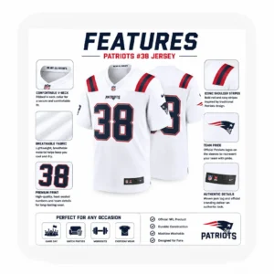 Details Mens Rhamondre Stevenson White Patriots Game Jersey