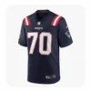 Front View For Caedan Wallace Navy New England Patriots Game Jersey