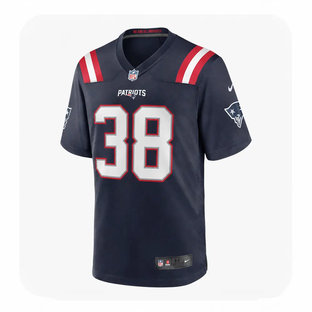 Front View For Men's Rhamondre Stevenson Navy New England Patriots Game Jersey Front View For Mens Rhamondre Stevenson Navy New England Patriots Game Jersey