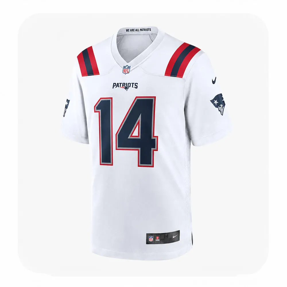 Front View For Robert Spillane White Patriots Team Jersey Front View For Rhamondre Stevenson White Patriots Team Jersey