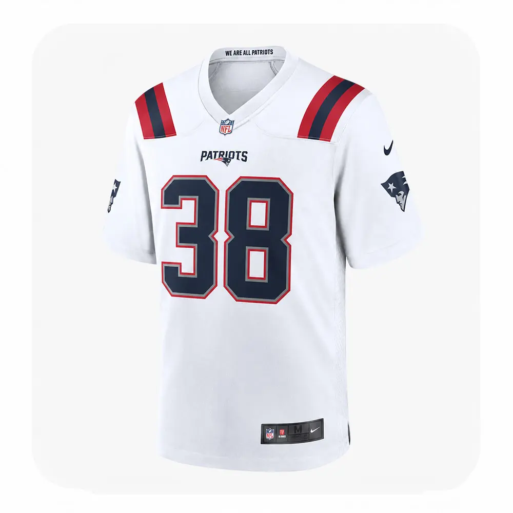 Front View Men's Rhamondre Stevenson White Patriots Game Jersey Front View Mens Rhamondre Stevenson White Patriots Game Jersey