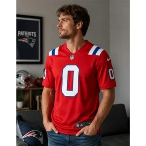 Man Look View For Patriots Team Christian Gonzalez Red Game Jersey
