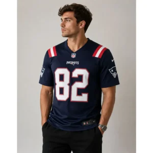 View Eli Raridon Patriots Team 82 Navy Game Jersey