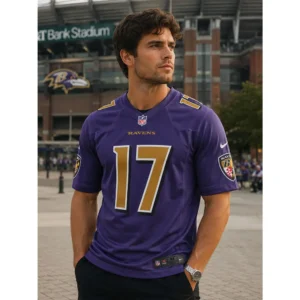 View For Diego Pavia Purple Ravens Game Jersey