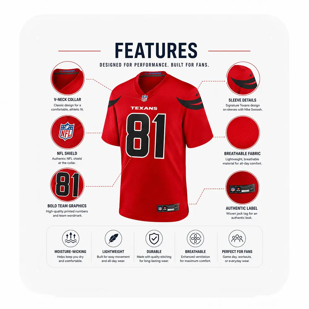 Details For Jayden Higgins Texans Game Red Jersey Details For Jayden Higgins Texans Game Red Jersey